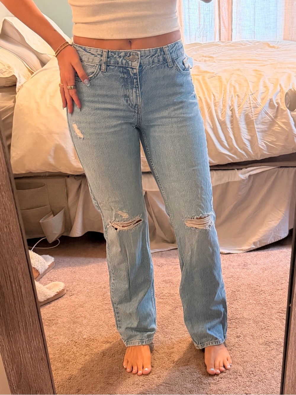 Zara Light Blue Straight-Leg Ripped Jeans